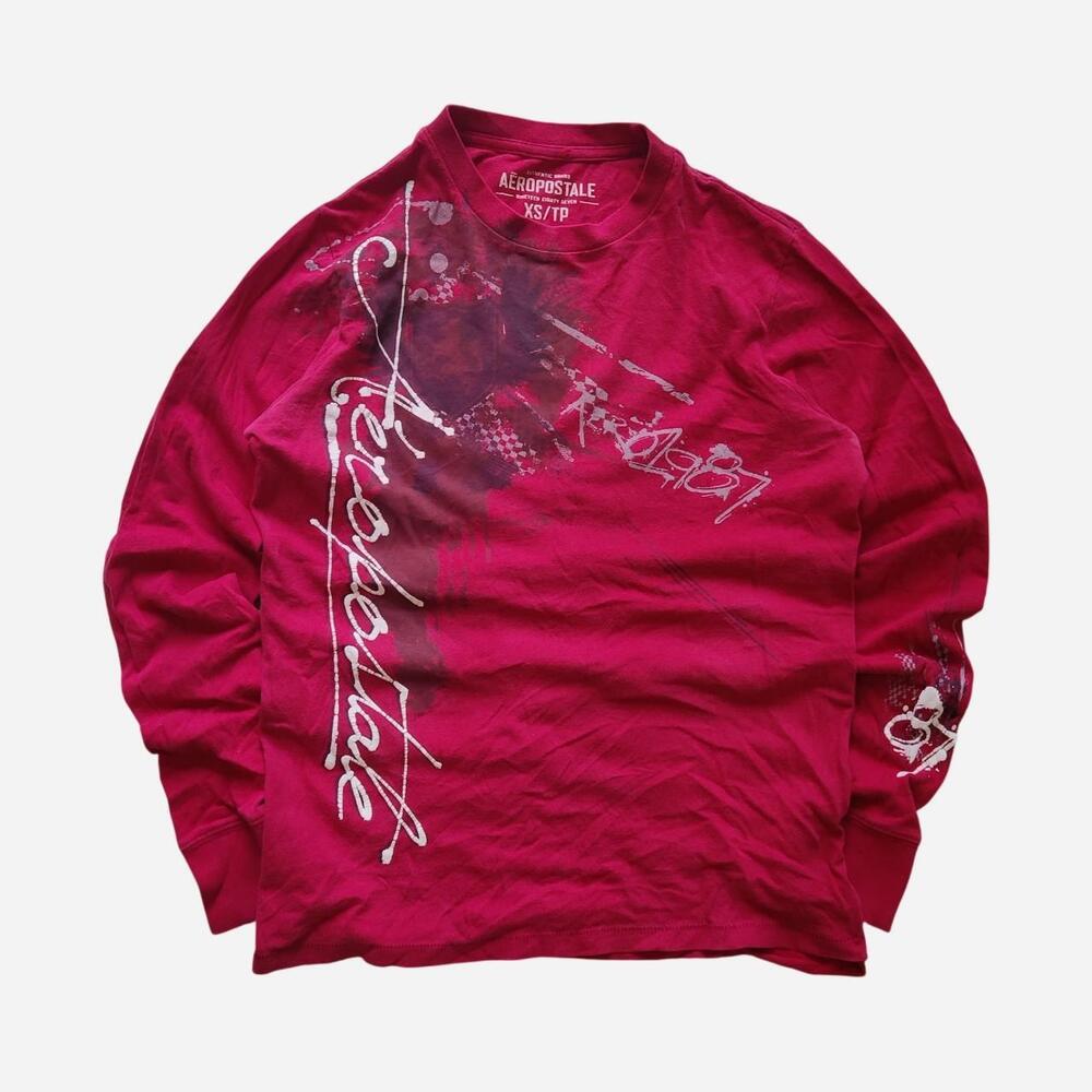 Y2K Red Aeropostale long sleeve cotton shirt with white cursive text and splatte